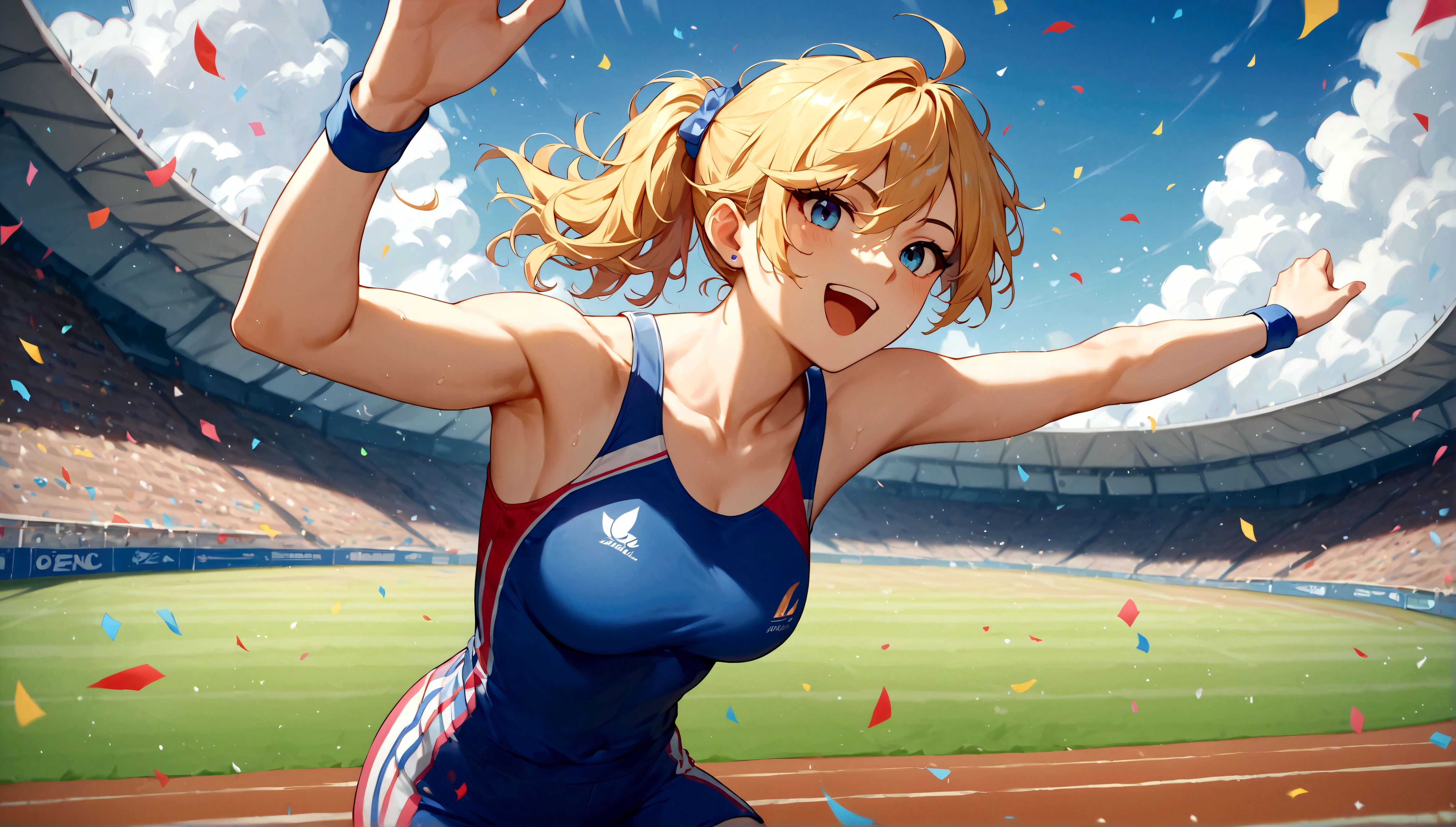 score_9, score_8_up, score_7_up, score_6_up, anime style, masterpiece, highly detailed, centered, 1girl, Athlete breaking a world record, track and field, surrounded by a cheering crowd. Style:  Iconic moment, confetti raining down, elation, Expressiveh