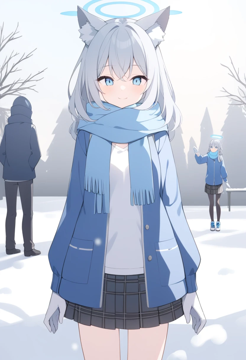 girl,Silver long hair, blue eyes, Wearing a blue hooded jacket,戴着Blue hood,A sky blue scarf, A white T-shirt, White gloves, And black plaid skirt, Standing in the park,Smile, blue halo,Blue hood,戴着Blue hood,Gray wolf ears,cold winter