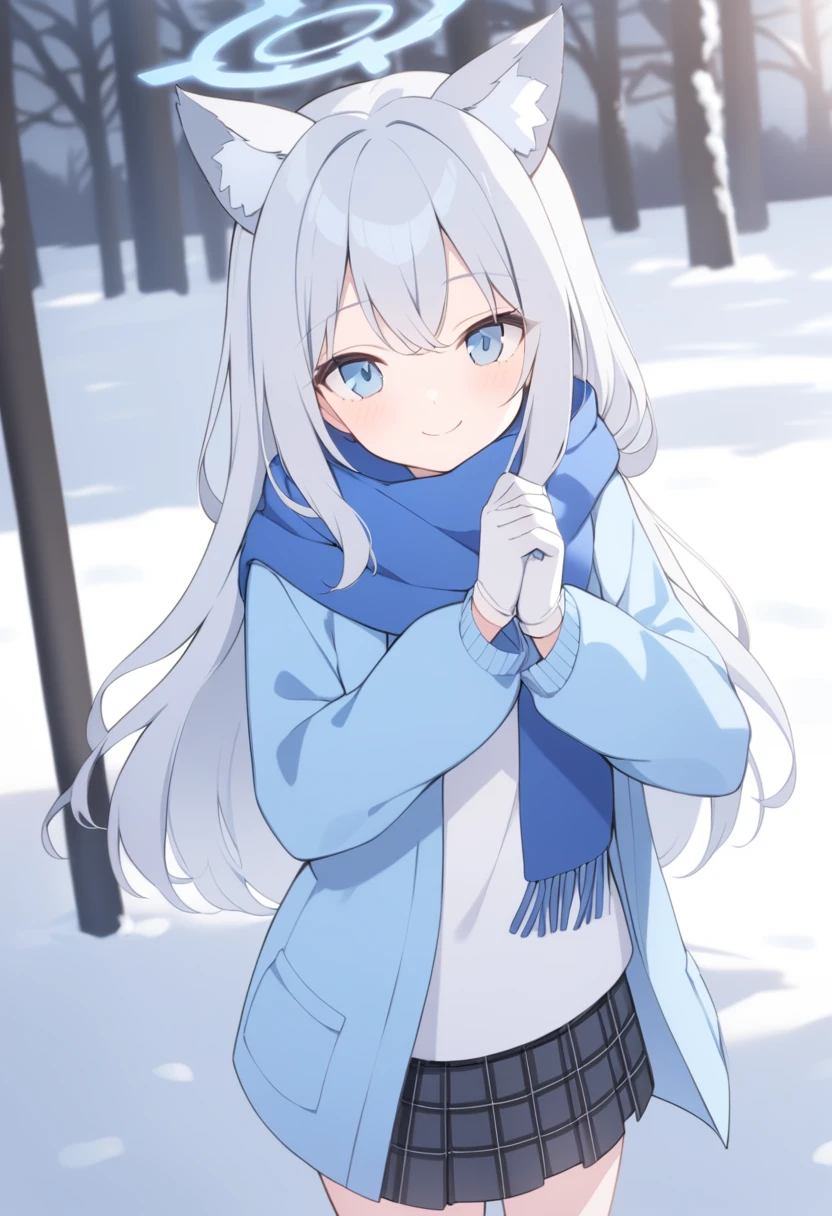 girl，Silver long hair, blue eyes, Wearing a blue hooded jacket,戴着Blue hood，A sky blue scarf, A white T-shirt, White gloves, And black plaid skirt, Standing in the park，Smile, blue halo，Blue hood，戴着Blue hood，Gray wolf ears，cold winter