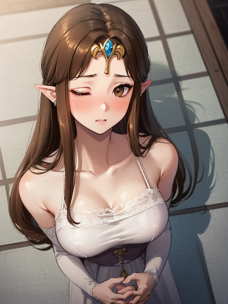 ((((Very beautiful mature woman)))),((surprised),((Scared)),((Close one eye)),((((Exposed shoulders)))),(((look up))),,(((Upper body only)),,(((Long Hair)))),((Big Breasts)),((((Exposed shoulders)))),((Front Face)),Princess Zelda, ((Highest quality)),,(Very detailed) ,,((Wedding dress)),Brown Hair,((Embarrassed look)),Blushing, ((Highest quality)), (Very detailed), ,(((Dark brown hair))),Nintendo, (Straight hair), face,Blushing,((overhead shot)), ((Highest quality)), (Very detailed),((Beautiful straight hair)) ,