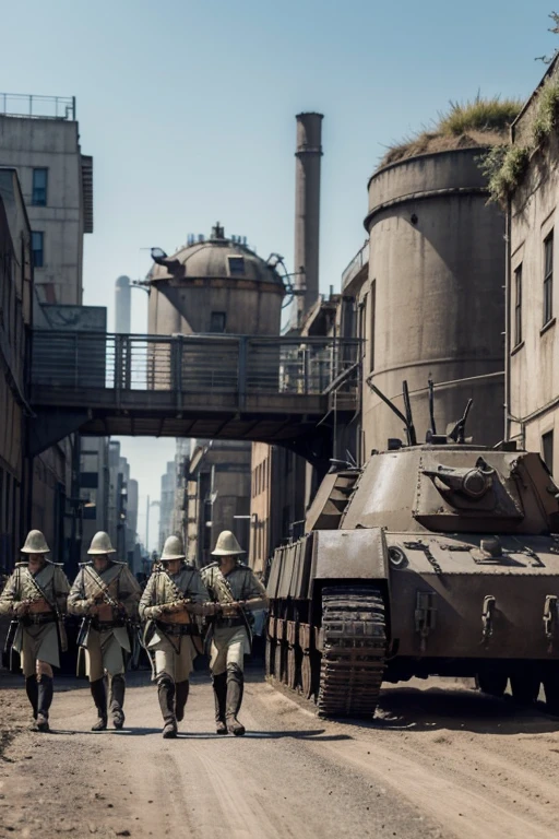 Draw a primitive elfic alien civilization during the second industrial revolution period of their specie evolving, with a elfic industrial nation's army marching in a old 1930 city type. Draw the elfic soldiers marching beside old industrial tanks in the city.