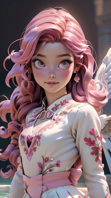 A woman in a white and pink outfit standing next to a pool angel girl,1girl,((extremely cute and beautiful pink haired angel girl)),Cupid, holding a bow and an arrow with a heart shaped tip, white pink and red, feminine, small, very young,small breasts,((((long pink hair:1.35,absurdly long unkempt hair,colored inner hair,ear breathing)))),(((pink_eyes:1.3))),intricate eyes,beautiful detailed eyes,symmetrical eyes,((((lustrous skin:1.5,tanned skin,bright skin:1.5,skin tanned,shiny skin,very shiny skin,shiny body)))),(spider lower abdomen,inflated legs,thick thighs,detailed body,(detailed face)),
cute,slutty,seductive,erotic,(nsfw),love hearts,
pink eyes with a heart, lipstick in the form of a heart on her lips, a white top and a short white skirt with lace, (((a bow and arrow))), ((((small white wings)))), a gentle smile,(((intricate outfit,intricate clothes,embroidered outfit,ornate outfit))),
(dynamic pose:1.0),embarrassed,(centered,scale to fit dimensions,Rule of thirds),
((beautiful bath house made of greek marble and pillars, beautiful clear water in pool)),scenery:1.25,((intricate scenery)),((greek temple background)),
(Glossy greek ornaments),highres,sharp focus,(ultra detailed,extremely detailed),(photorealistic artwork:1.37),(extremely detailed CG unity 8k wallpaper),(((vibrant colors,vibrant theme))),(intricate),(masterpiece),(best quality),artistic photography,(photography taken by sldr),(intricate background),perfect rendered face,perfect face details,realistic face,photo realistic,((intricate detail)),(((realism))),