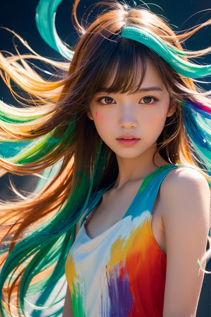 A beautiful Japanese girl is depicted in a vertical portrait, emerging from a vibrant splash of multicolored paint. She has long, dark hair with bangs framing her delicate face, and her expression is serene and captivating. She wears a semi-transparent, lightweight dress with a flowing, thin fabric that complements the fluidity of the paint around her.
The background is a light, neutral color, allowing the vivid colors of the paint to stand out. The paint splashes are rendered in dynamic, sweeping arcs, with hues of green, yellow, orange, blue, and red, creating a sense of movement and energy. The artist employs digital painting techniques to achieve a high level of detail, particularly in the textures of the paint and the delicate fabric of the dress.
The lighting is soft and even, casting gentle highlights on the girl's face and the paint, enhancing the overall sense of depth and realism. The use of bright, saturated colors and dynamic composition creates a visually striking and lively image.