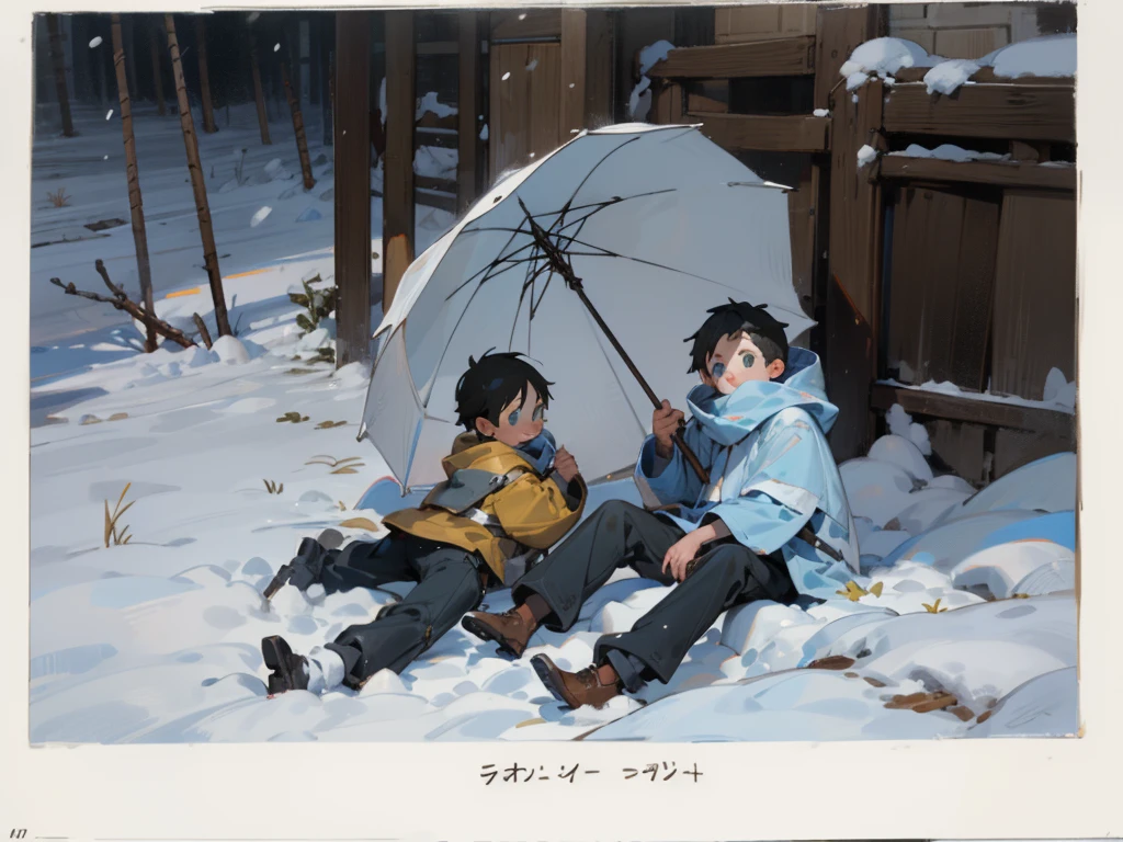 (masterpiece, best quality) detailed, Snow，Two  boys，cold