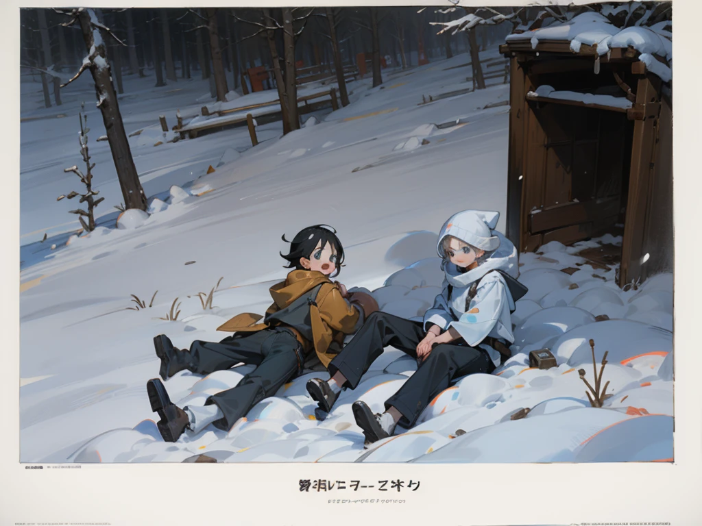 (masterpiece, best quality) detailed, Snow，Two little boys，cold