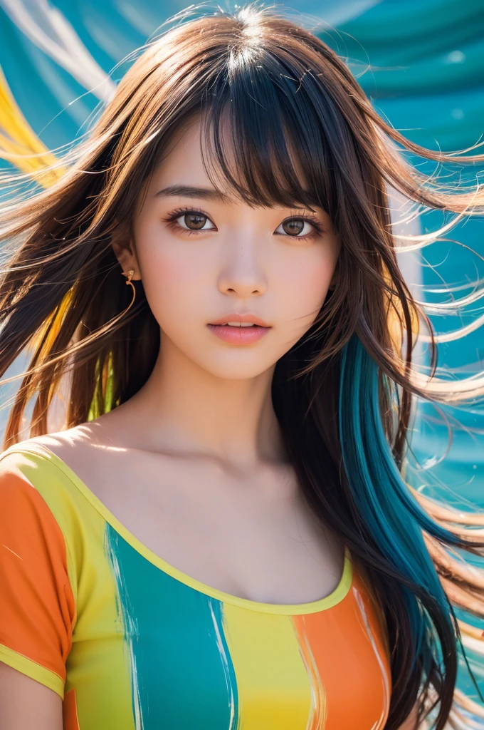 A beautiful Japanese girl is depicted in a vertical portrait, emerging from a vibrant splash of multicolored paint. She has long, dark hair with bangs framing her delicate face, and her expression is serene and captivating. She wears a semi-transparent, lightweight dress with a flowing, thin fabric that complements the fluidity of the paint around her.
The background is a light, neutral color, allowing the vivid colors of the paint to stand out. The paint splashes are rendered in dynamic, sweeping arcs, with hues of green, yellow, orange, blue, and red, creating a sense of movement and energy. The artist employs digital painting techniques to achieve a high level of detail, particularly in the textures of the paint and the delicate fabric of the dress.
The lighting is soft and even, casting gentle highlights on the girl's face and the paint, enhancing the overall sense of depth and realism. The use of bright, saturated colors and dynamic composition creates a visually striking and lively image.