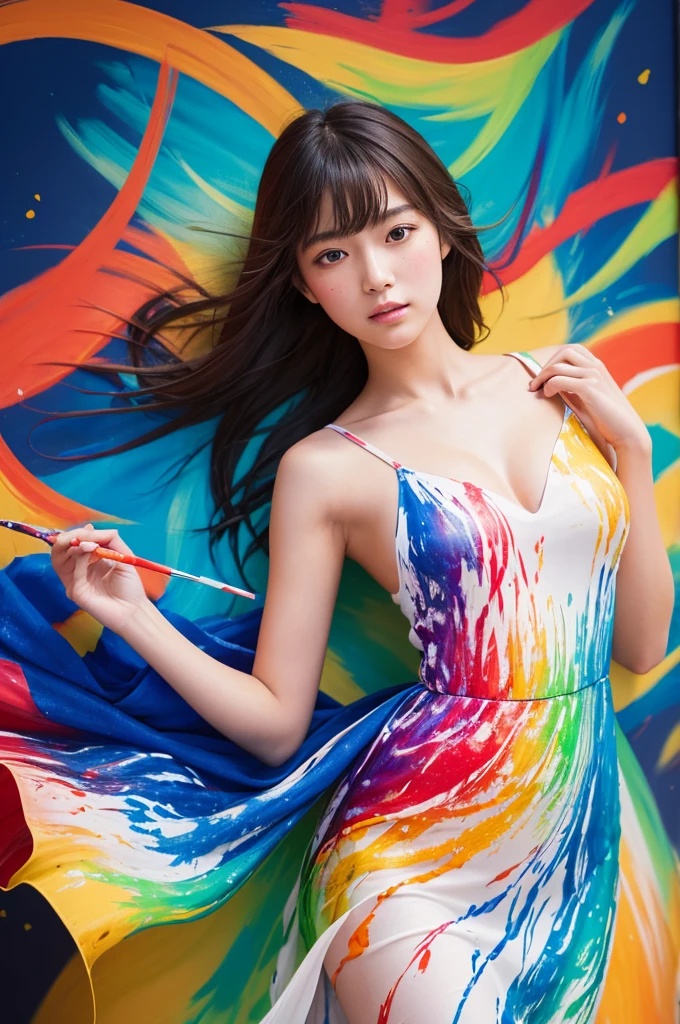 A beautiful Japanese girl is depicted in a vertical portrait, emerging from a vibrant splash of multicolored paint. She has long, dark hair with bangs framing her delicate face, and her expression is serene and captivating. She wears a semi-transparent, lightweight dress with a flowing, thin fabric that complements the fluidity of the paint around her.
The background is a light, neutral color, allowing the vivid colors of the paint to stand out. The paint splashes are rendered in dynamic, sweeping arcs, with hues of green, yellow, orange, blue, and red, creating a sense of movement and energy. The artist employs digital painting techniques to achieve a high level of detail, particularly in the textures of the paint and the delicate fabric of the dress.
The lighting is soft and even, casting gentle highlights on the girl's face and the paint, enhancing the overall sense of depth and realism. The use of bright, saturated colors and dynamic composition creates a visually striking and lively image.