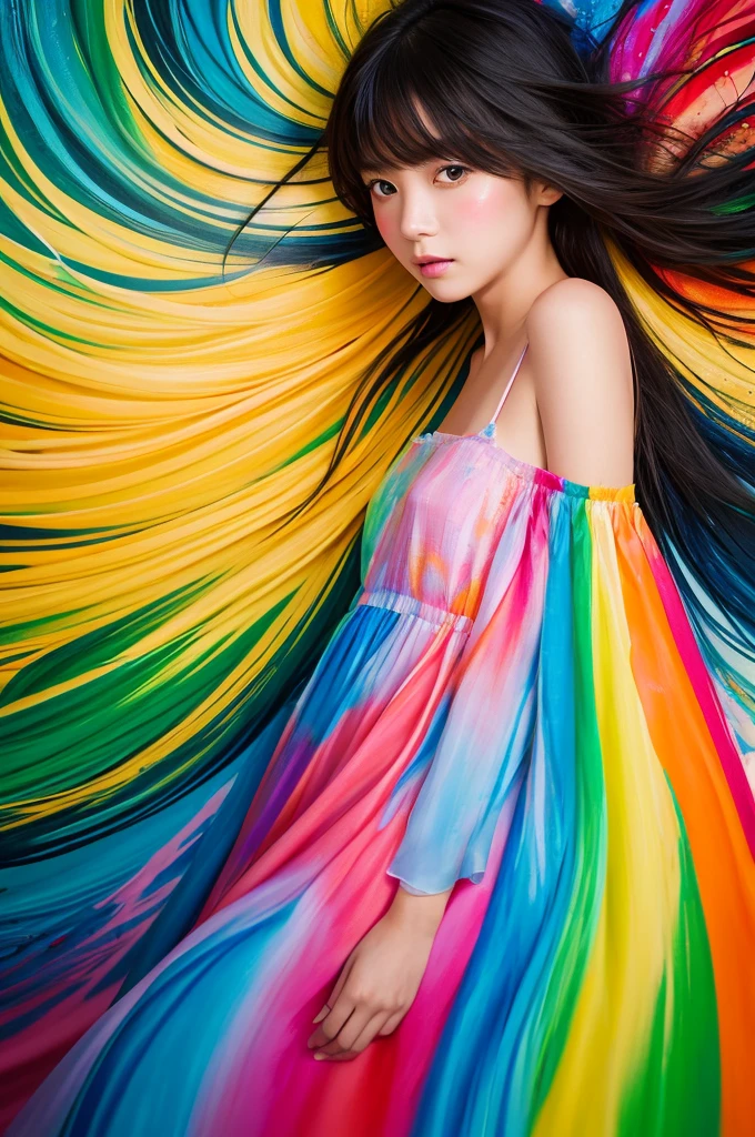 A beautiful Japanese girl is depicted in a vertical portrait, emerging from a vibrant splash of multicolored paint. She has long, dark hair with bangs framing her delicate face, and her expression is serene and captivating. She wears a semi-transparent, lightweight dress with a flowing, thin fabric that complements the fluidity of the paint around her.

The background is a light, neutral color, allowing the vivid colors of the paint to stand out. The paint splashes are rendered in dynamic, sweeping arcs, with hues of green, yellow, orange, blue, and red, creating a sense of movement and energy. The artist employs digital painting techniques to achieve a high level of detail, particularly in the textures of the paint and the delicate fabric of the dress.

The lighting is soft and even, casting gentle highlights on the girl's face and the paint, enhancing the overall sense of depth and realism. The use of bright, saturated colors and dynamic composition creates a visually striking and lively image.