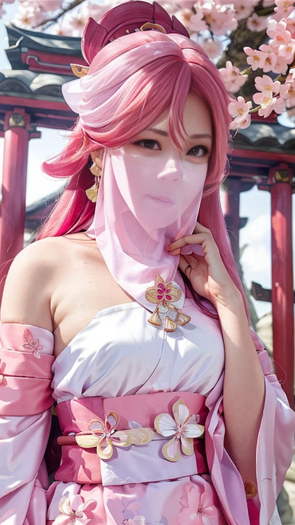 ((masterpiece, best quality)), (1girl),((mature female)), animal ears, bare shoulders, blush, breasts, cherry blossoms, closed mouth, detached sleeves, earrings, fingernails, flower, fox ears, gem, hair between eyes, hair ornament, hand up, japanese clothes, jewelry, kimono, long hair, looking at viewer, medium breasts, miko, nontraditional miko, pink eyes, pink flower, pink hair, purple gemstone, short kimono, sidelocks,standing, yea miko \(genshin impact\), wearing face veil, (white face veil, silk mask veil:1.2),