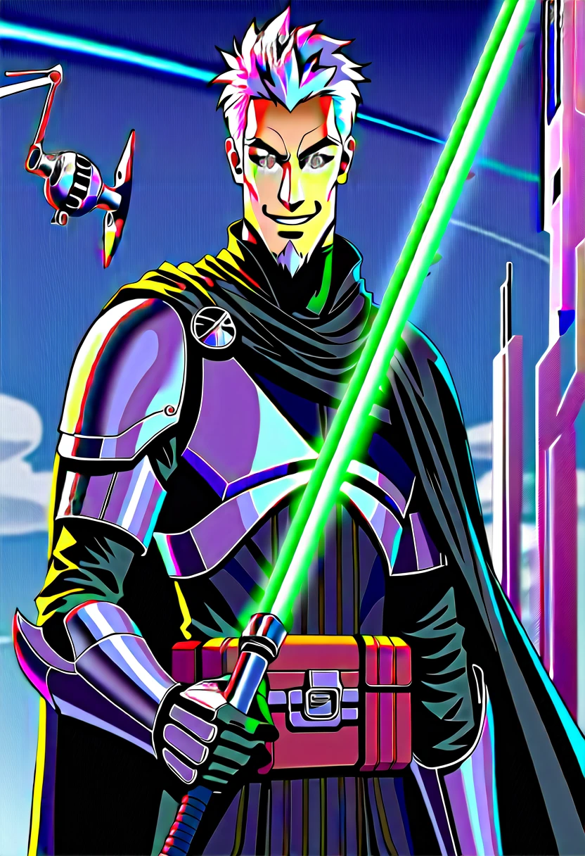 full-body shot, star wars: the clone wars, comic art style, (heroic young man, tall and brawny, irish pale white albino, subtle grin, long spiky white hair, thick white eyebrows, pink eyes), bastard greatsword, larger thicker flat green plasma blade, in a sword stance, black metal knight plate armor with a pauldron, bright Coruscant day, space station in the background, solo,