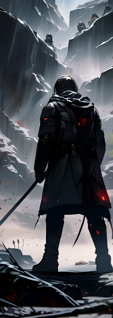 group&#39;About 1 person wearing black, and holding a weapon, Standing in the middle of a doomsday scene 