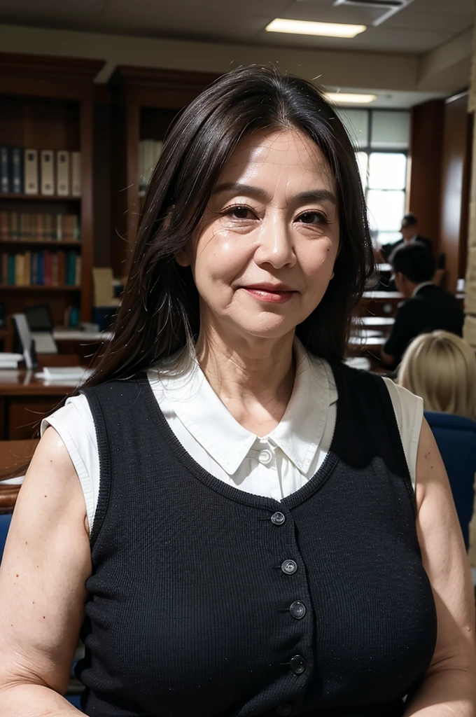 (masterpiece:1.4),(Beautiful 63 year old woman:1.5),(Facial wrinkles : 1.2), (facing away : 1.3), white skin, pores, skin blemishes, dull skin, gentle smile, long hair, maternal, Mature Woman, upper body shoot, office worker, (smooth fabric), (polyester black vest with button), white short sleeve shirt, (bursting fat arms : 1.3), (plump arms : 1.3), (thin waist : 1.2), (focus on upper arms), working at library, detailed backgrounds,