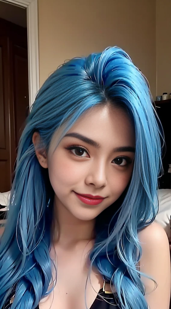 beautiful face, sensual poses, Being alone, 1 girls,smile with, The best quality at the best., hair ornament nmasterpiece, Butter,blue hairs
