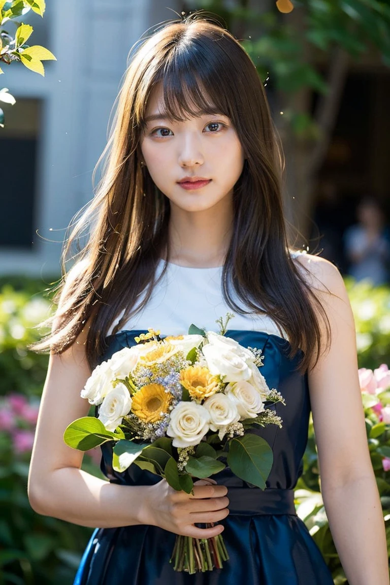 (Highest quality, 8K quality, masterpiece:1.3), (Ultra-high resolution, Photorealistic:1.4, RAW Photos), (Very detailed, Caustics, Detailed Background), (Ultra-Realistic Capture, Beautiful and detailed skin, Perfect Anatomy), (whole body), Castle gardens, Bright and very beautiful face, Younger, brighter, whiter skin, Best Looks, The most beautiful light blonde hair in the world, Thin Hair, Super long, silky straight hair, Shiny beautiful bangs, Shining, clear, big blue eyes, A very beautiful and adorable 16 year old, The most beautiful girls in the world, Princess-style dresses, Happy smile, Bouquet in hand、A scene where you are talking to friends。Various poses。