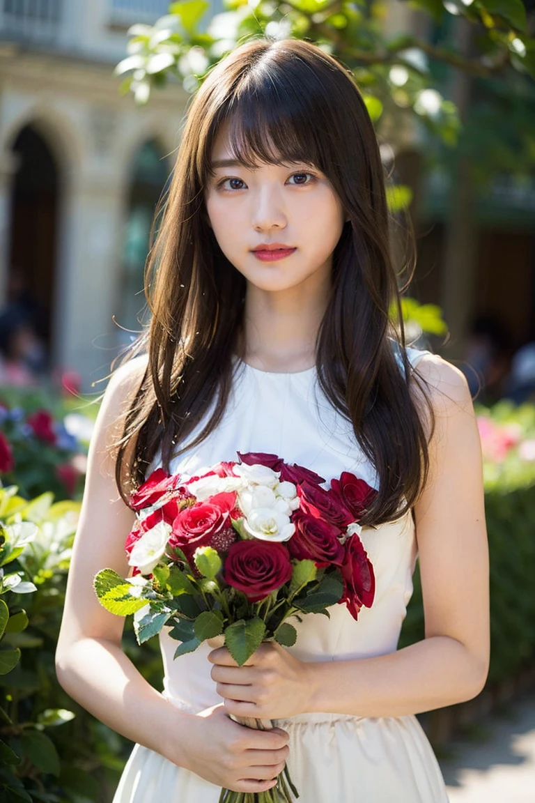 (Highest quality, 8K quality, masterpiece:1.3), (Ultra-high resolution, Photorealistic:1.4, RAW Photos), (Very detailed, Caustics, Detailed Background), (Ultra-Realistic Capture, Beautiful and detailed skin, Perfect Anatomy), (whole body), Castle gardens, Bright and very beautiful face, Younger, brighter, whiter skin, Best Looks, The most beautiful light blonde hair in the world, Thin Hair, Super long, silky straight hair, Shiny beautiful bangs, Shining, clear, big blue eyes, A very beautiful and adorable 16 year old, The most beautiful girls in the world, Princess-style dresses, Happy smile, Bouquet in hand、A scene where you are talking to friends。Various poses。