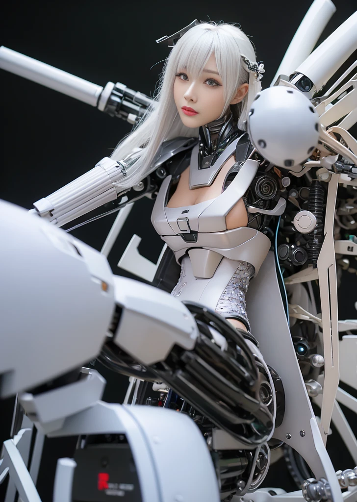 Super Detail, High Detail, high quality, best quality, High resolution，1 female robot，Beautiful female robot,beautiful clear face(Rain waves_haneame：1.5)， Realistic, High resolution, Soft Light,Hips up, (Detailed face), silver hair, long hair, Mecha Maiden, Colorful mechanical parts, mechanical joint, Thick mechanical armor,Weaponry, All metal body, Technology Antenna Hair Accessories