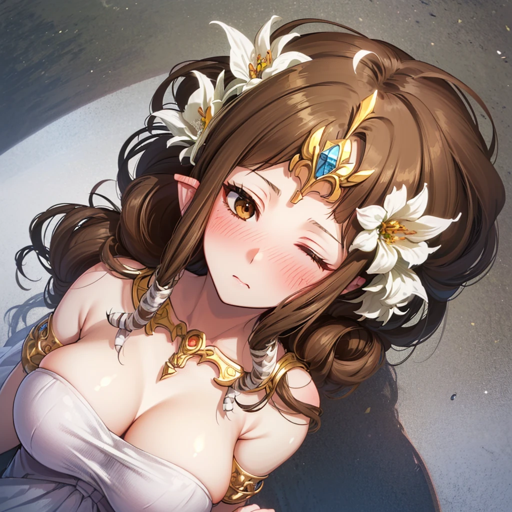 ((((Very beautiful mature woman)))),((surprised),((Scared)),((Close one eye)),((((Exposed shoulders)))),(((look up))),,(((Upper body only)),,(((Long Hair)))),((Big Breasts)),((((Exposed shoulders)))),((Front Face)),Princess Zelda, ((Highest quality)),,(Very detailed) ,,((Wedding dress)),Brown Hair,((Embarrassed look)),Blushing, ((Highest quality)), (Very detailed), ,(((Dark brown hair))),Nintendo, (Straight hair), face,Blushing,((overhead shot)), ((Highest quality)), (Very detailed),((Beautiful straight hair)) ,