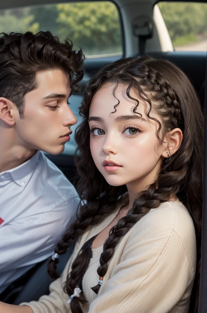 Girl with curly hair kissing boy with braids in car