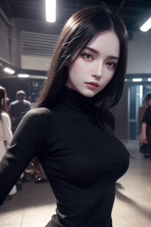 Beautiful girl with realistic black eyes, pale skin, Long black hair, perfect face, perfect eyes, ((Wearing a tight knit)),very detailed, comprehensive movie, digital painting, 8K, cinematic lighting, highest quality, High resolution, Great job!, Post-processing, perfect result, surreal,(((revealing clothes))),big breasts,The background is a station, selfie