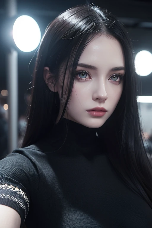 Beautiful girl with realistic black eyes, pale skin, Long black hair, perfect face, perfect eyes, ((Wearing a tight knit)),very detailed, comprehensive movie, digital painting, 8K, cinematic lighting, highest quality, High resolution, Great job!, Post-processing, perfect result, surreal,(((revealing clothes))),big breasts,The background is a station, selfie