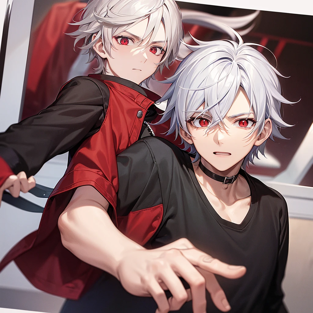 20 year old boy with white hair red eyes wearing a red jacket and a black t-shirt with a black sweatshirt with a pidtoak in his hand