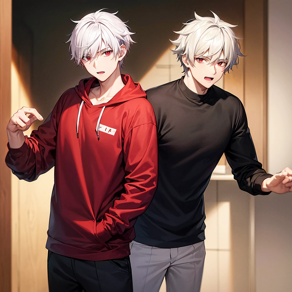 20 year old boy with white hair red eyes wearing a red jacket and a black t-shirt with a black sweatshirt with a pidtoak in his hand