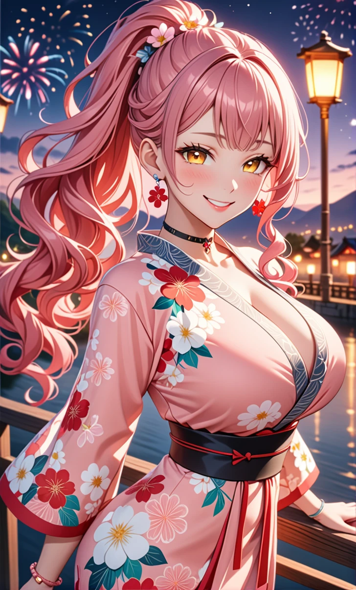 ultra-detailed, ((one girl)), in pastel colors girl, hyper detailed, absurdres, 8K, Beautiful Face, (Laugh shyly), ((teasing smile:1.8)), ((Wink:1.8)), (Laugh with your mouth wide open),(Tilt your head:1.3), View your viewers, ((Bright red cheeks:1.6)),Glossy Red Lips, ((:1.5)), (valley),night, Riverside,On Bridge, firework, (Brighten your face), ((Anime style background)),masterpiece, Highest quality, so beautiful,Latest, Complex details, (Pink long nails), (nail art), (ring),(bracelet), (Floral Choker),AI-generated, Complex,High resolution, Highest quality, super high quality,3D Images、3D Images,One person,Pastel pink long hair,(High Ponytail), (wavy hair:1.3), Pastel anime woman posing for a photo, ((Fine grain、Yellow Eyes、glowing eyes:1.4)), (Squint your eyes:1.1),a hyperRealistic , hyperRealistic , Realistic,Anime woman with long pastel pink hair, Smooth anime CG art, A girl in a gorgeous pastel-colored kimono, ((Pastel-colored furisode)),(Pink large floral pattern) ,Long flower hair ornament,Floral Earrings,Mature Body,Abdominal muscles,Tight waist,((arched back:1.9)), (front view),