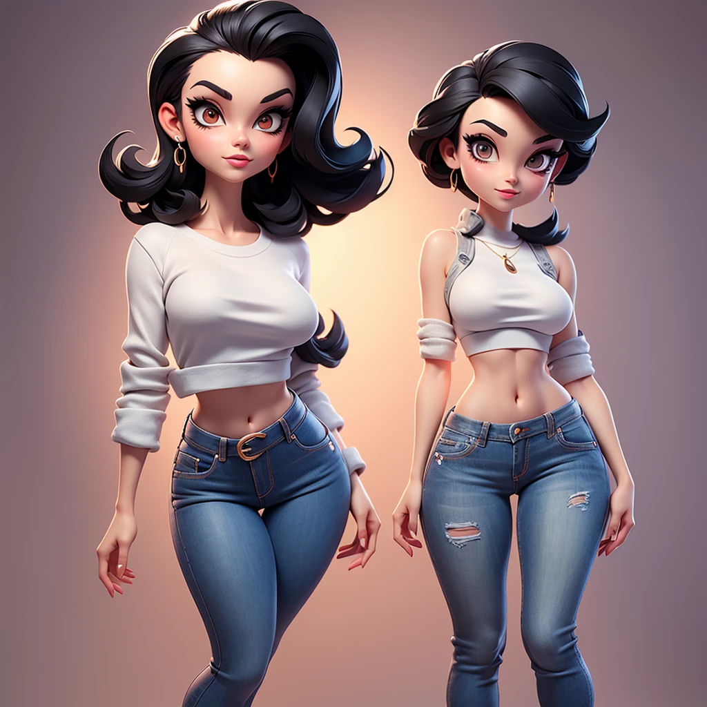 A sexy cartonn woman in jeans and white crop top posing gracefully for a photo, beauty in jeans, slicked black hair, Waist slender, sexy girl, mulher de corpo inteiro, wearing jeans, beautiful seductive woman, slender figure, cartoon vector style, corpo pin-up, Broad Hips
