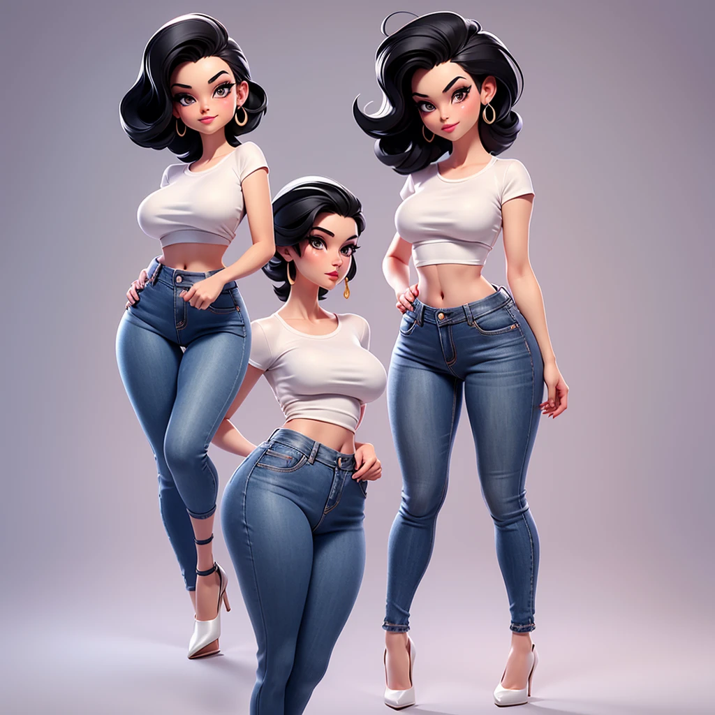 Woman with hair ball, very thin body, very thin legs, hourglass curves, Skinny body, curvy body, curvy figure, hourglass figure, Wide hips, thin legs, voluptuous body, beautiful curves, round ass, Casual clothes, wide trousers, top of pants clinging to your figure, short stature, Frontal, that is looking forward, in the mirror selfie
