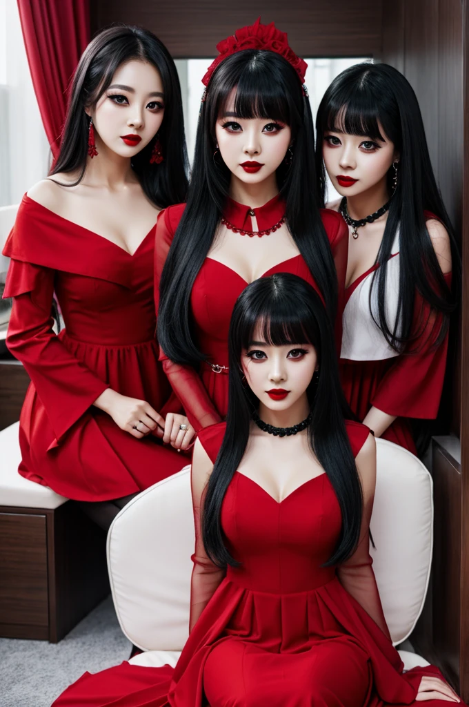 Create triple jiwoo with red dress and gothic makeup