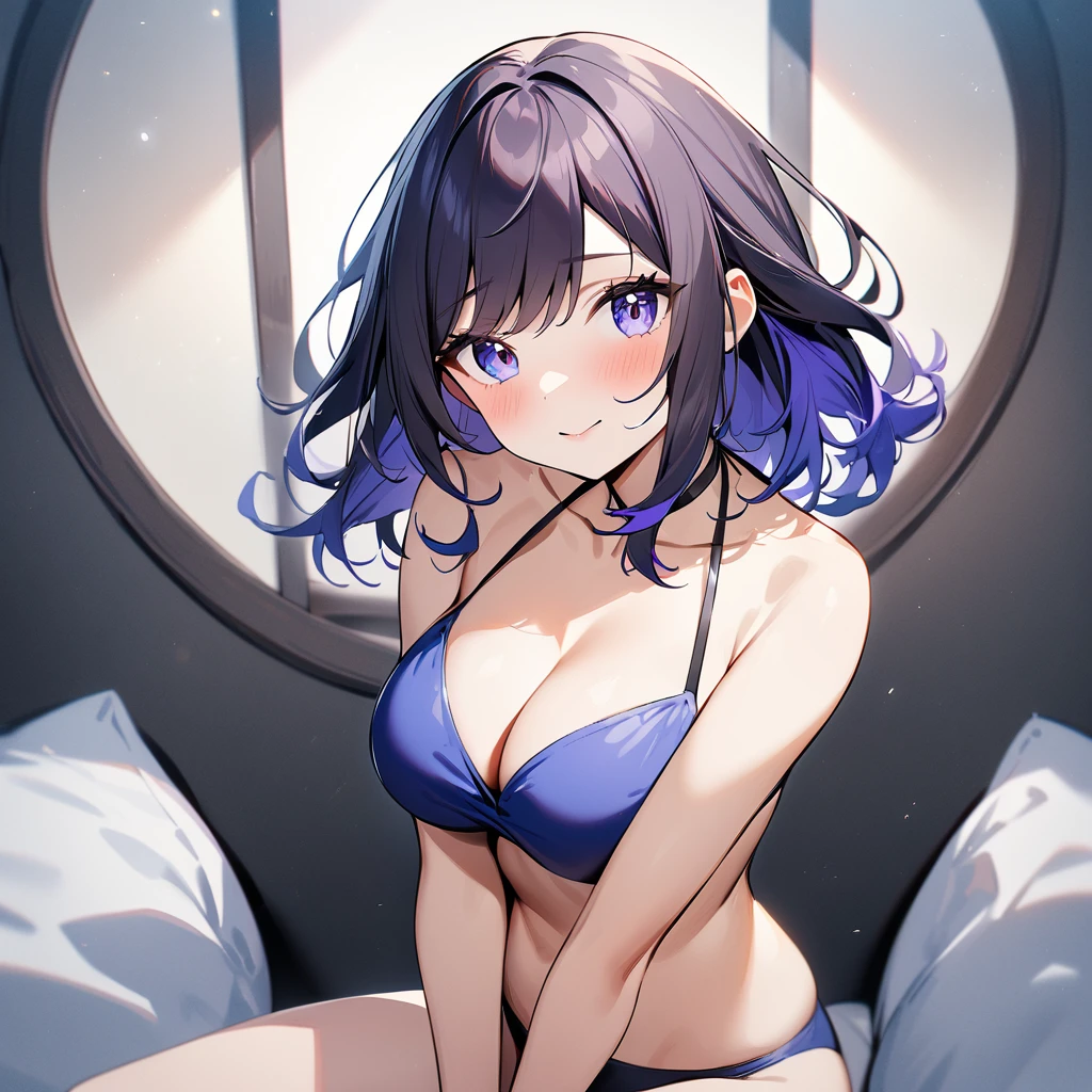 1 girl,Solo,long and shot hair,masterpiece, best quality, very aesthetic, absurdres,arms,face,hands,purple and blue,two tone color,v_arms,breasts,hand_between_legs,Bikini,Cleavage,medium hair