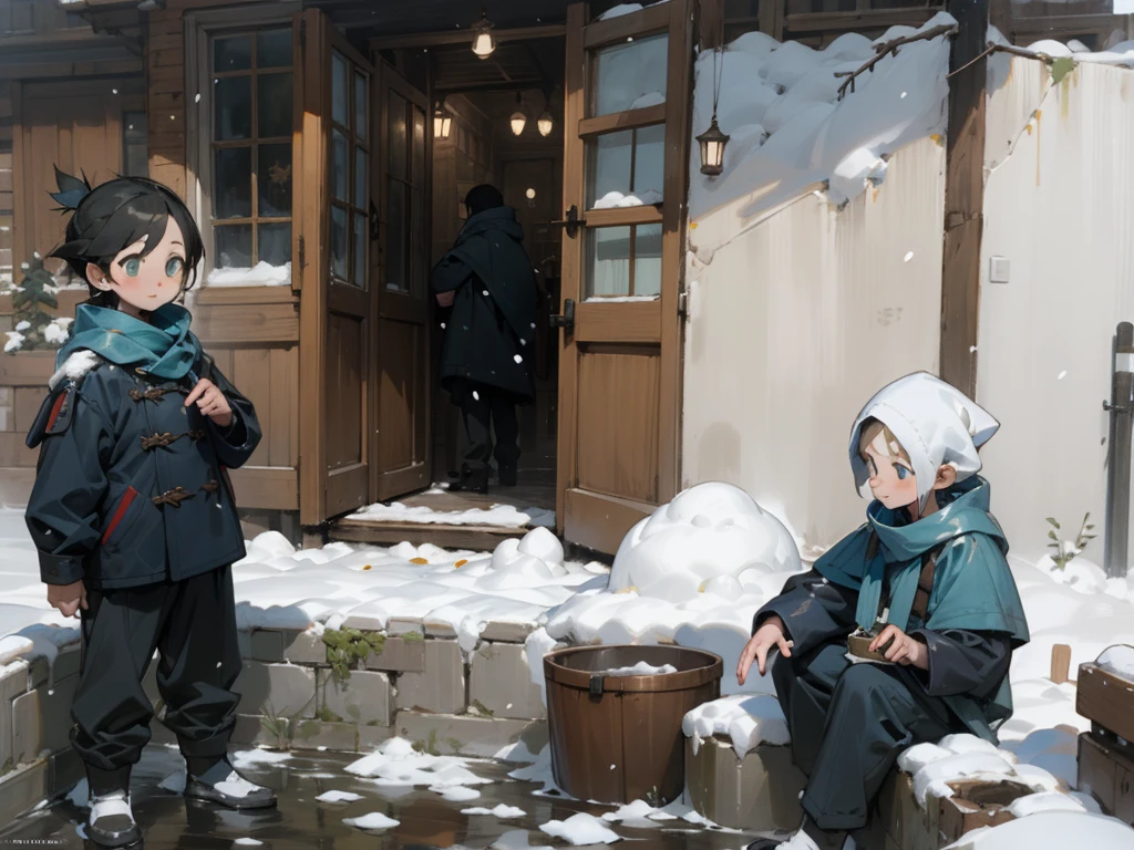 (masterpiece, best quality) detailed, Snow,Two little boys,cold