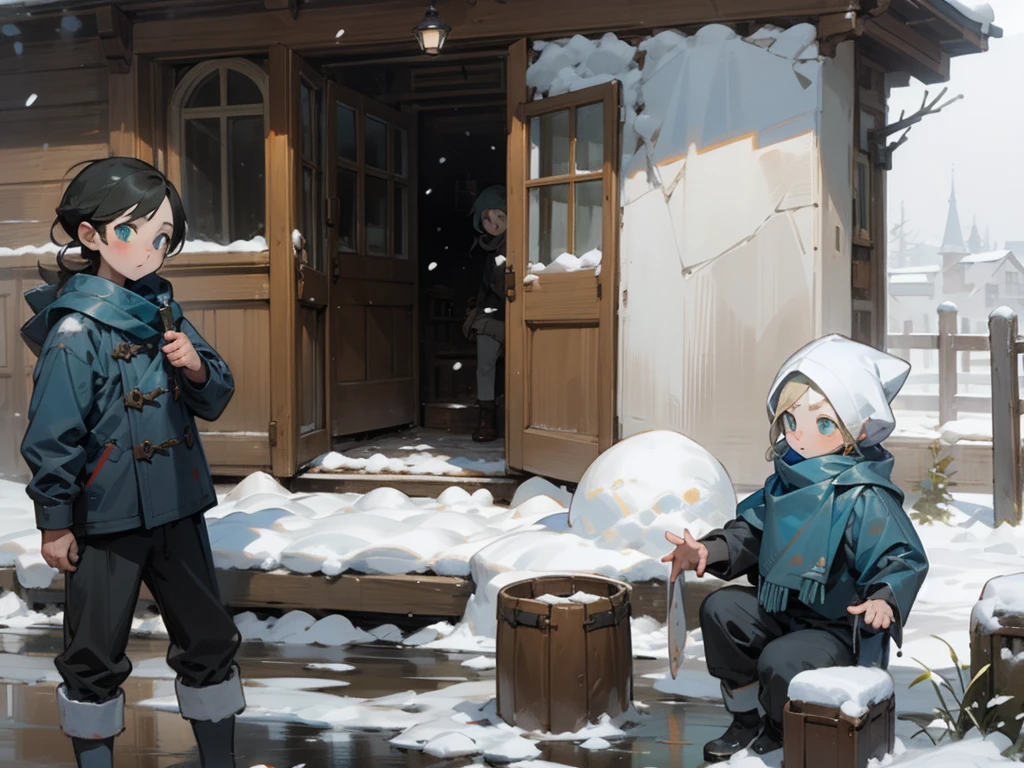 (masterpiece, best quality) detailed, Snow,Two little boys,cold