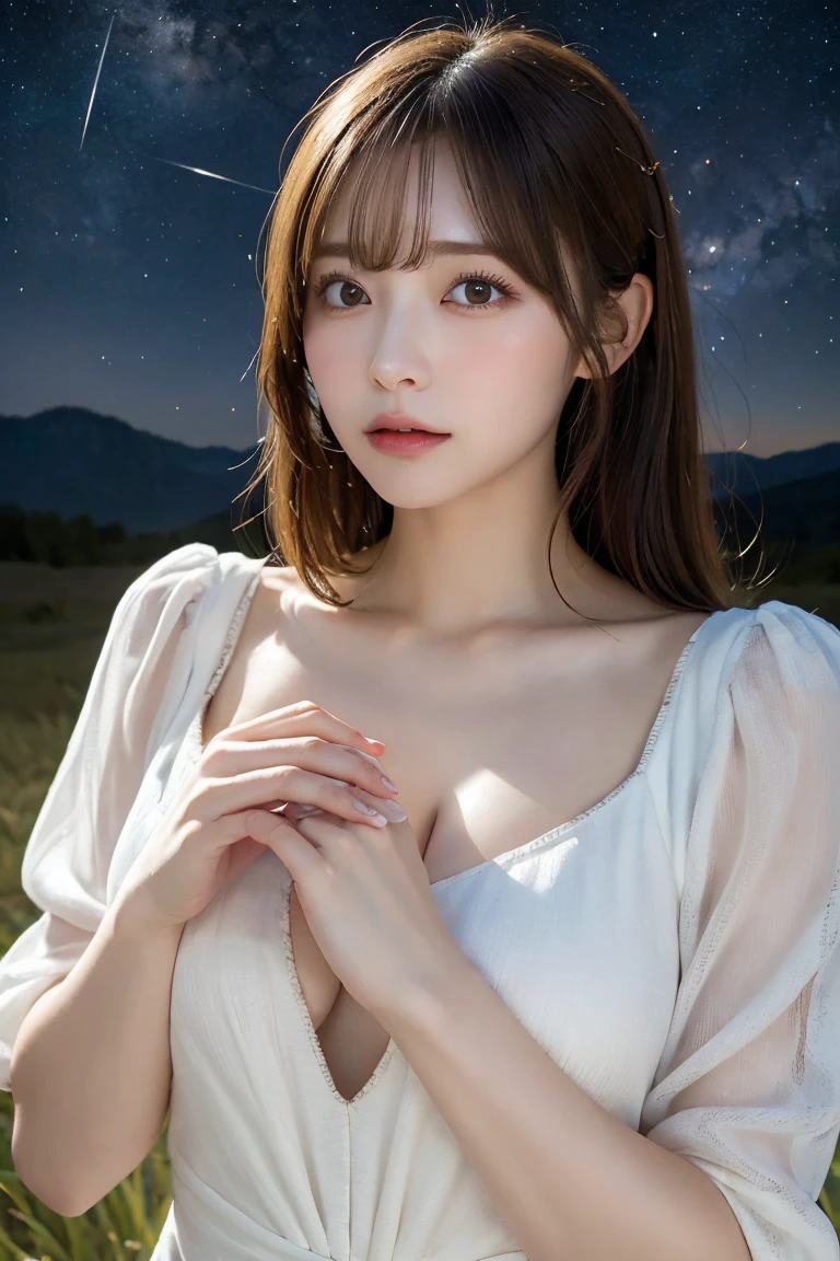 Tabletop, highest quality, shape, Very detailed, In detail, High resolution, 8k wallpaper, Perfect dynamic composition, Beautiful details、Beautiful breasted hair, Small breasts, (naked、Nipples are visible:1.5)Natural color lip,smile,20-year-old girl、cute、milky way、universe、Starry Sky