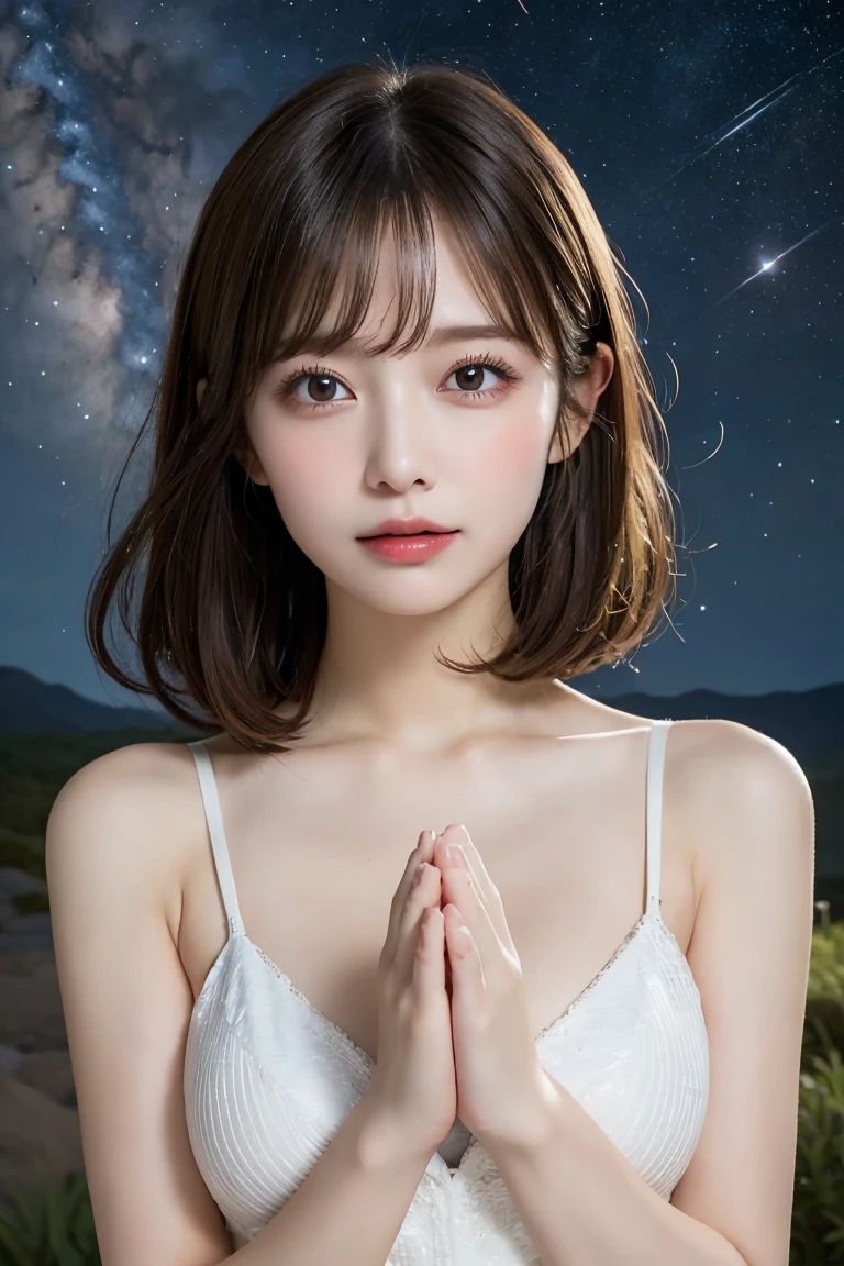 Starry sky, Milky Way, Highest quality, shape, Very detailed, In detail, High resolution, 8k wallpaper, Perfect dynamic composition, Beautiful details,  Natural Lip, Cute one piece dress, Big Breasts, Cleavage, she、Making a wish upon a star Praying with random expressions and random cute poses..., A masterpiece of the whole body, Side Short
