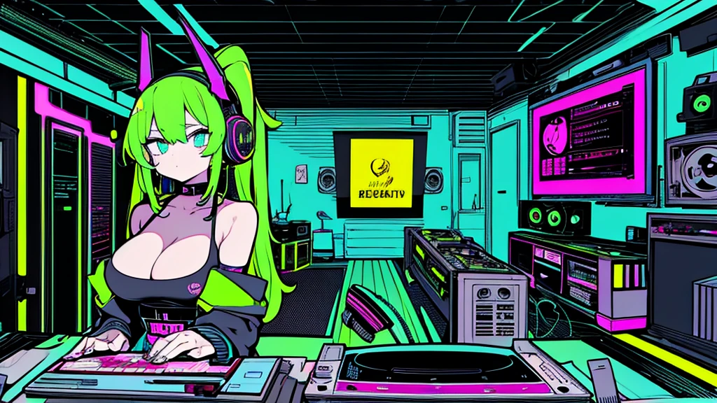 Best quality, (masterpiece), best detail face,1 girl, big breasts, 18 yo, 8k,absurdres,unity 8k wall paper,(extremely detailed:1.3), highest realistic, (retro headphones:), (soft neon light:), (psychedelic), Her room full of music equipment and records, sports wear , See the whole room, She is at the end of the room, dark yellow color palette ,Synth Wave, Acid House, Cyber Punk