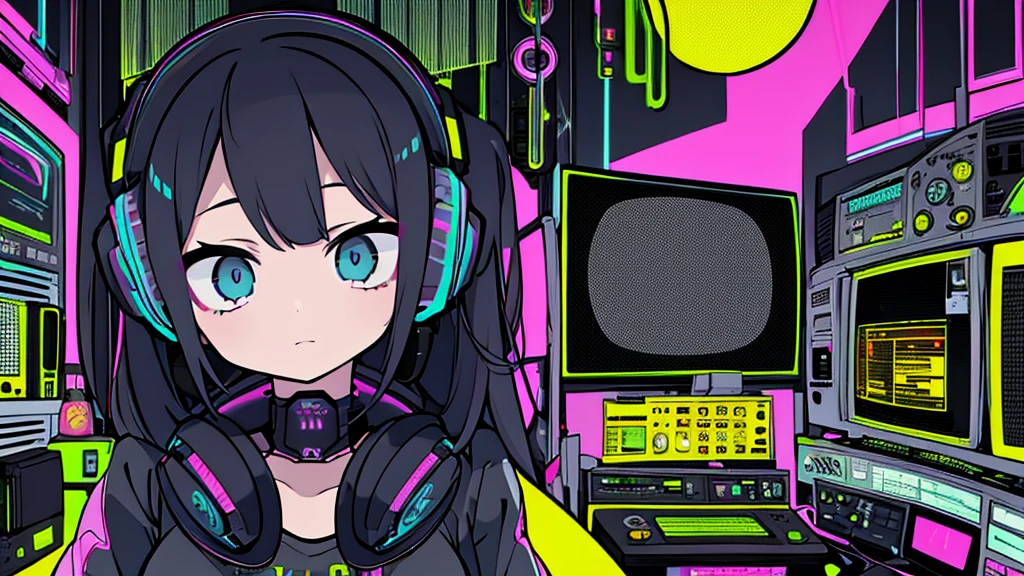 Best quality, (masterpiece), best detail face,1 girl, big breasts, 18 yo, 8k,absurdres,unity 8k wall paper,(extremely detailed:1.3), highest realistic, (retro headphones:), (soft neon light:), (psychedelic), Her room full of music equipment and records, sports wear , See the whole room, She is at the end of the room, dark yellow color palette ,Synth Wave, Acid House, Cyber Punk