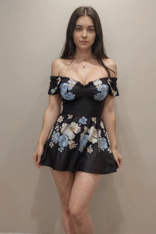  woman White Skin, (rebonded long black hair). 

Pantyhose. (Floral dress on off-shoulder blue background, Different color underskirt outfit, on off-shoulder), breast cleavage, 40 year old breasts. Pantyhose black.

necklace, jewelry.

face looking at the audience.
(entire body up to the thighs and legs perpendicularly facing the camera.  face looking at camera.  eyes looking at the camera.).
taking a photo of the front of the body, face looking at the camera, standing straight, thighs look sexy.

no background, plain wallpaper.