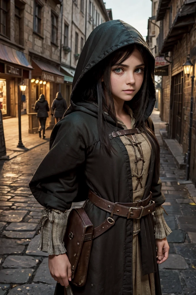 ((best quality)), ((masterpiece)), (detailed), ((normal anatomy)), beautiful eye detail, perfect face, high detail, charismatic, full body, realistic, cinematic lighting, defined body, super detail, high realism, medieval fantasy setting, a pretty young girl in street urchin clothes, dirty face, large green nictating eyes, long black hair under a hood, standing outdoors in a medieval city