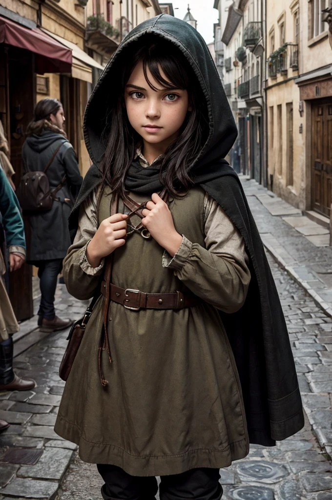 ((best quality)), ((masterpiece)), (detailed), ((normal anatomy)), beautiful eye detail, perfect face, high detail, charismatic, full body, realistic, cinematic lighting, defined body, super detail, high realism, medieval fantasy setting, a pretty young girl in street urchin clothes, dirty soot covered face, large green nictating eyes, long black hair under a brown hood, standing outdoors in a medieval city