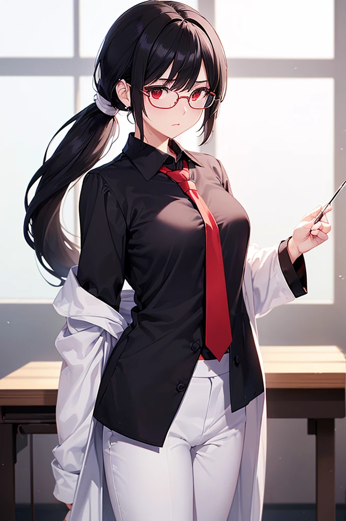 (masterpiece; best quality: 1.2), (finely detailed eyes: 1.3), ((25 year old woman)), ((solo)), (red eyes: 1.4), (body; gorgeous, soft, femenine: 1.3), (silky black hair + low ponytail: 1.3), (beautiful and clear background: 1.2), ((depth of field)), (equipment: labcoat + (black shirt) + (white necktie) + white pants + black square glasses: 1.3), (anime illustration: 1.2), (background composition; japanese highschool classroom + furniture: 1.1), (extremely fine and beautiful: 1.1), (shot composition; standing + centered on torso + close-up: 1.5), (expression; calm, stoic: 1.2)