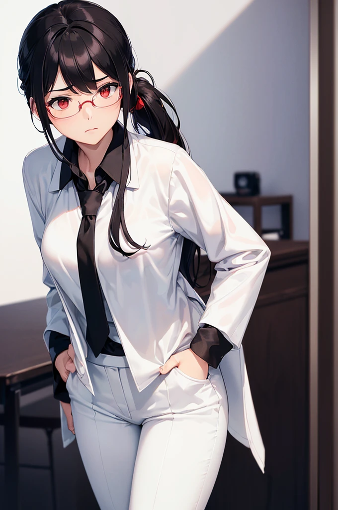 (masterpiece; best quality: 1.2), (finely detailed eyes: 1.3), ((25 year old woman)), ((solo)), (red eyes: 1.4), (body; gorgeous, soft, femenine: 1.3), (silky black hair + low ponytail: 1.3), (beautiful and clear background: 1.2), ((depth of field)), (equipment: labcoat + (black shirt) + (white necktie) + white pants + black square glasses: 1.3), (anime illustration: 1.2), (background composition; japanese highschool classroom + furniture: 1.1), (extremely fine and beautiful: 1.1), (shot composition; standing + centered on torso + close-up: 1.5), (expression; calm, stoic: 1.2)