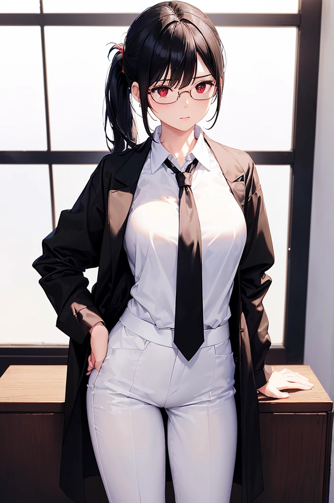 (masterpiece; best quality: 1.2), (finely detailed eyes: 1.3), ((25 year old woman)), ((solo)), (red eyes: 1.4), (body; gorgeous, soft, femenine: 1.3), (silky black hair + low ponytail: 1.3), (beautiful and clear background: 1.2), ((depth of field)), (equipment: labcoat + (black shirt) + (white necktie) + white pants + black square glasses: 1.3), (anime illustration: 1.2), (background composition; japanese highschool classroom + furniture: 1.1), (extremely fine and beautiful: 1.1), (shot composition; standing + centered on torso + close-up: 1.5), (expression; calm, stoic: 1.2)