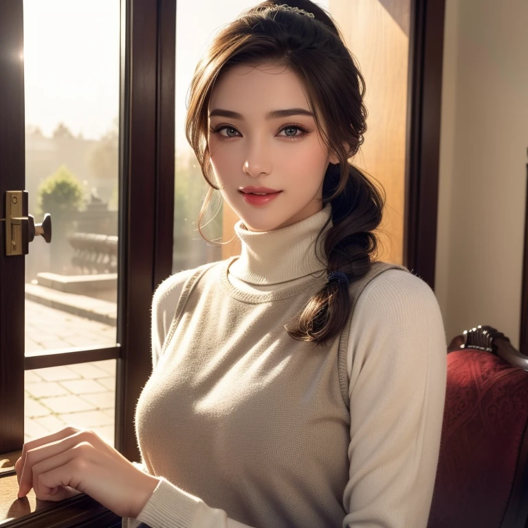A beautiful young woman, (1girl), casual outfit, ponytail, detailed face, alluring eyes, full lips, large bust, turtle neck t-shirt, gray vest, outdoor setting, soft lighting, warm colors, (best quality,4k,8k,highres,masterpiece:1.2),ultra-detailed,(realistic,photorealistic,photo-realistic:1.37),cinematic, beautiful detailed eyes, beautiful detailed lips, extremely detailed face and eyes, long eyelashes, intricate clothing textures, elegant posing, warm smile, romantic atmosphere