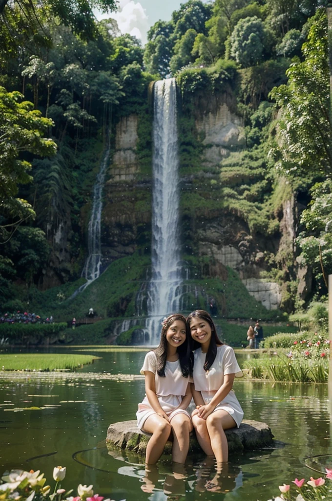 The photo shows a pair of Indonesian lovers wearing casual clothes sitting embracing on the edge of a lake in a flower garden, sweet smiling faces looking at the camera, natural reflections on the surface of the lake, a romantic evening atmosphere, with a beautiful green cliff as a background with a very enchanting waterfall
