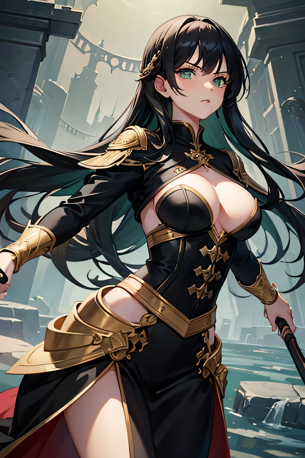 masterpiece, best quality, detailed clothes,1girl, green eyes, black hair, solo, long hair, bangs, large breasts, black and gold clothing, fighting, Wielding broadsword