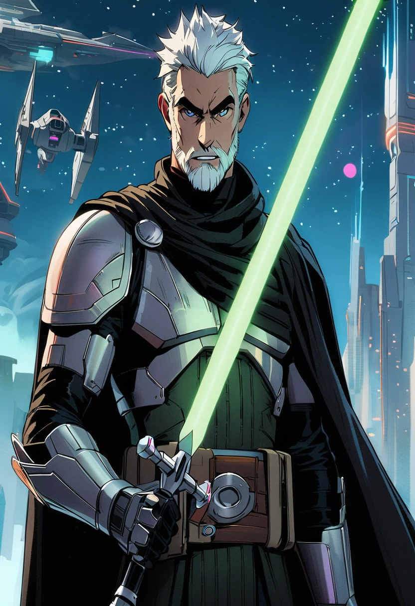 full-body shot, star wars: the clone wars, comic art style, (heroic young man, tall and brawny, irish pale white albino, subtle grin, long spiky white hair, thick white eyebrows, pink eyes), bastard greatsword, larger thicker flat green plasma blade, in a sword stance, black metal knight plate armor with a pauldron, bright Coruscant day, space station in the background, solo,