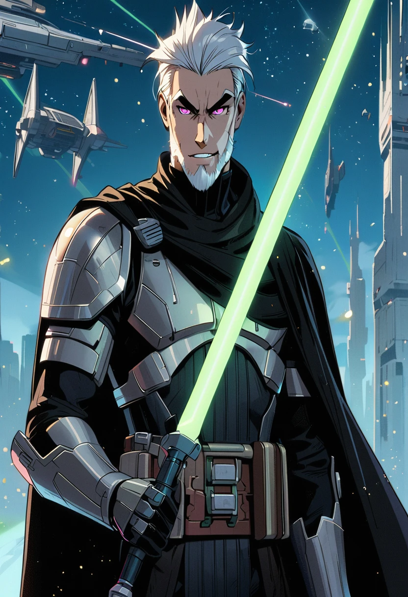 full-body shot, star wars: the clone wars, comic art style, (heroic young man, tall and brawny, irish pale white albino, subtle grin, long spiky white hair, thick white eyebrows, pink eyes), bastard greatsword, larger thicker flat green plasma blade, in a sword stance, black metal knight plate armor with a pauldron, bright Coruscant day, space station in the background, solo,