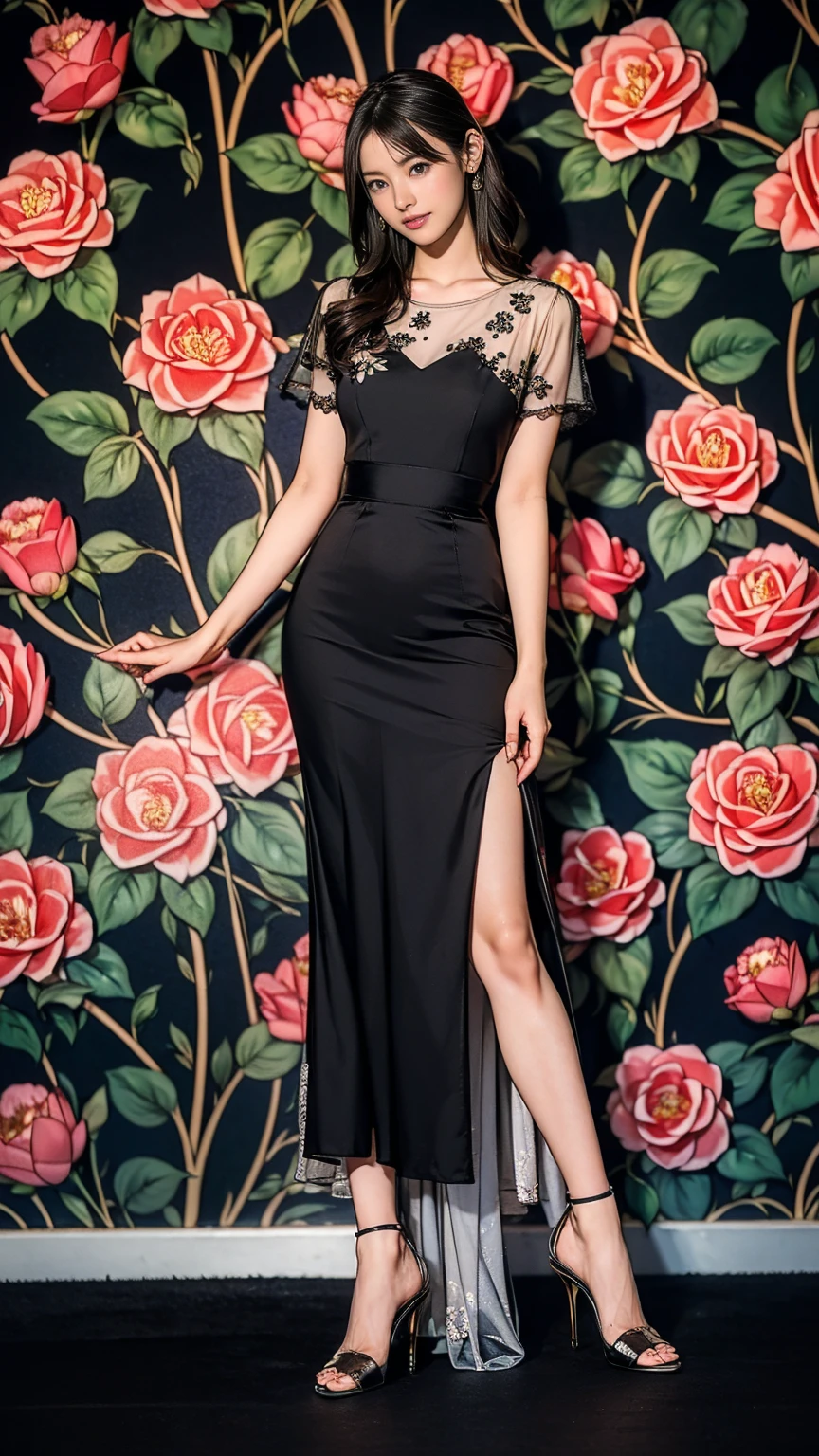 ((masterpiece)),(((Highest quality))),Thin thighs,Long legs,whole body:1.5,(One Girl:1.3),(Black pantyhose and thick pointy heels:1.3),(Wearing a long skirt dress with camellia flower pattern:1.2),Short Blonde:1.2、Model pose,
