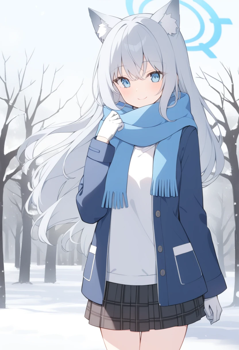 girl,Silver long hair, blue eyes, Wearing a blue hooded jacket,戴着Blue hood,A sky blue scarf, A white T-shirt, White gloves, And black plaid skirt, Standing in the park,Smile, blue halo,Blue hood,戴着Blue hood,Gray wolf ears,cold winter
